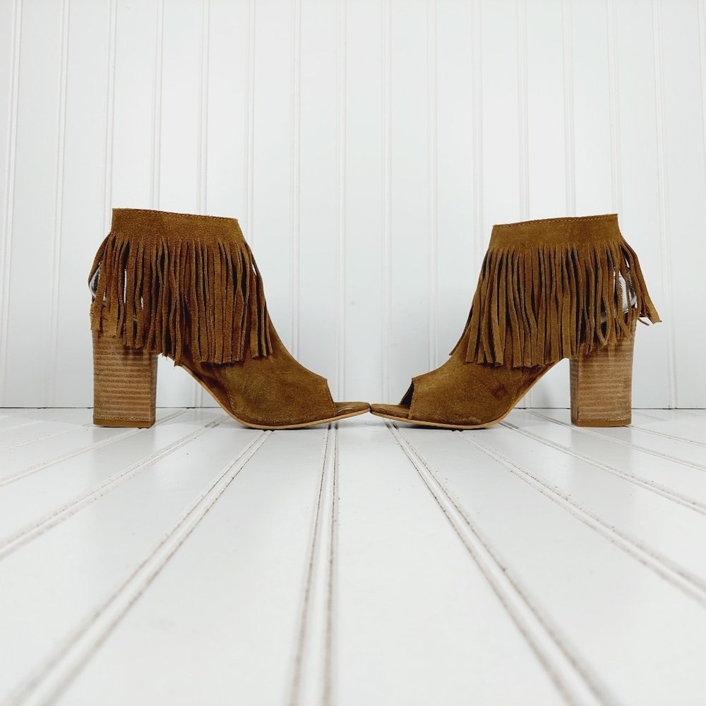 🔥 Carlos Santana Fringed Heeled Brown Suede Open Toe Ankle Booties - Picture 7 of 14